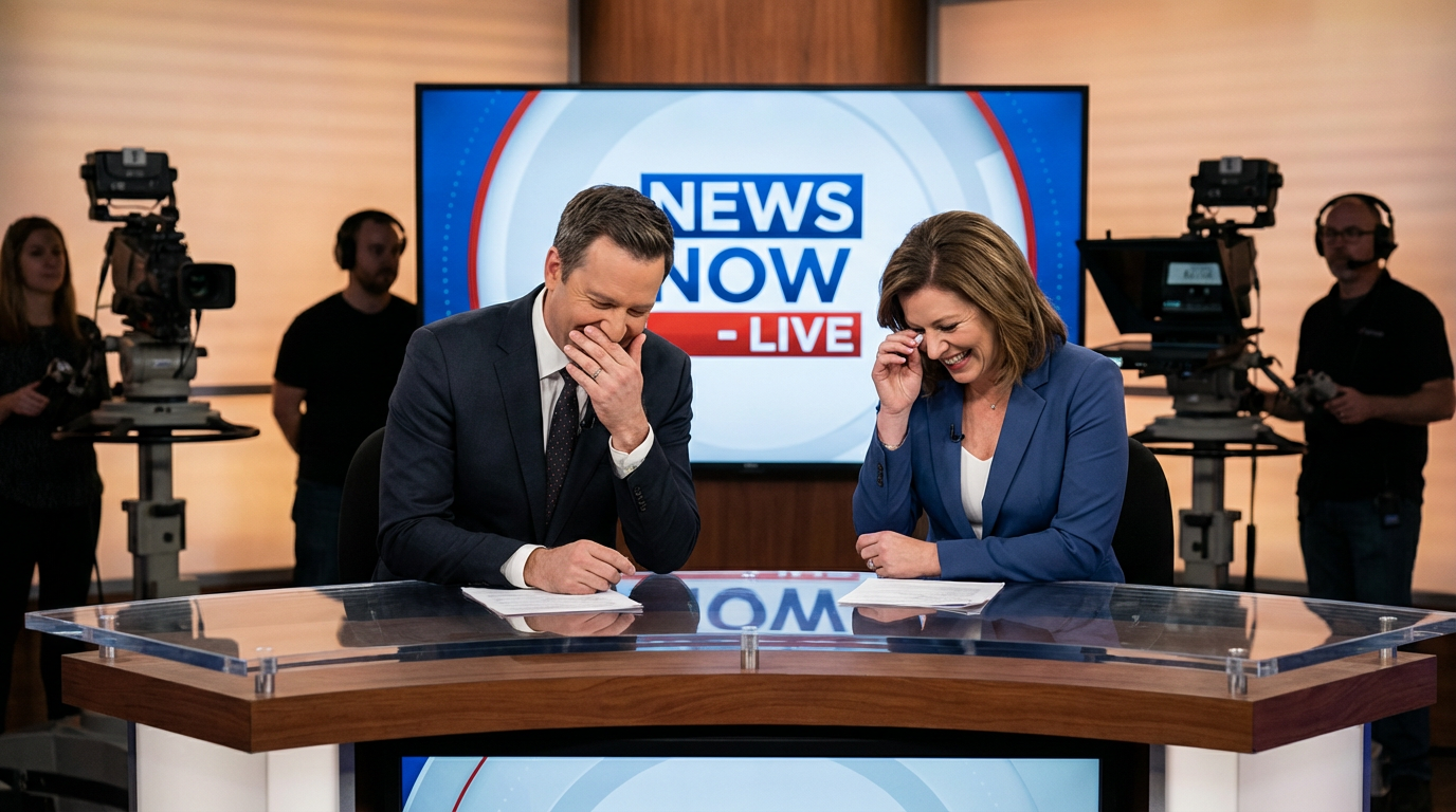 Two Canadian TV news anchors laughing during a live broadcast